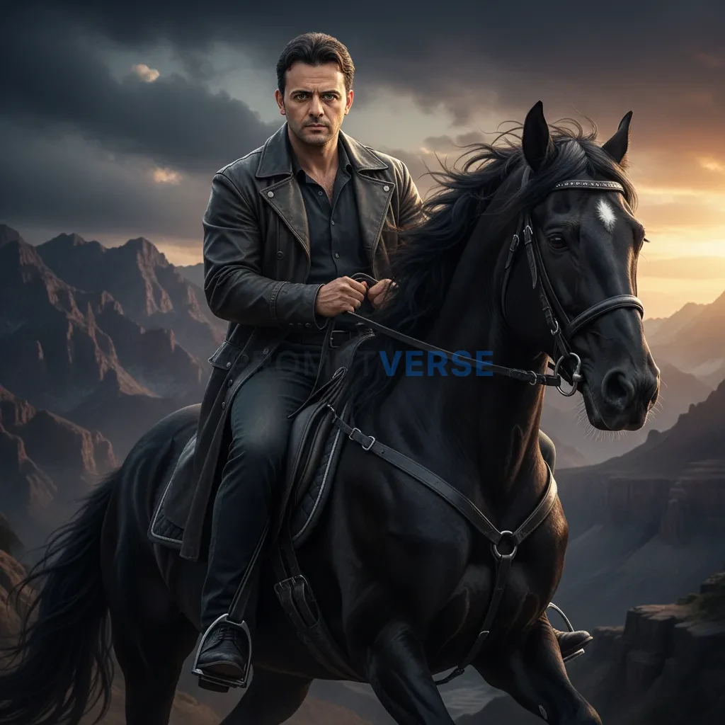 Cinematic close-up of a man on a black stallion, dramatic mountain backdrop. - PromptVerse