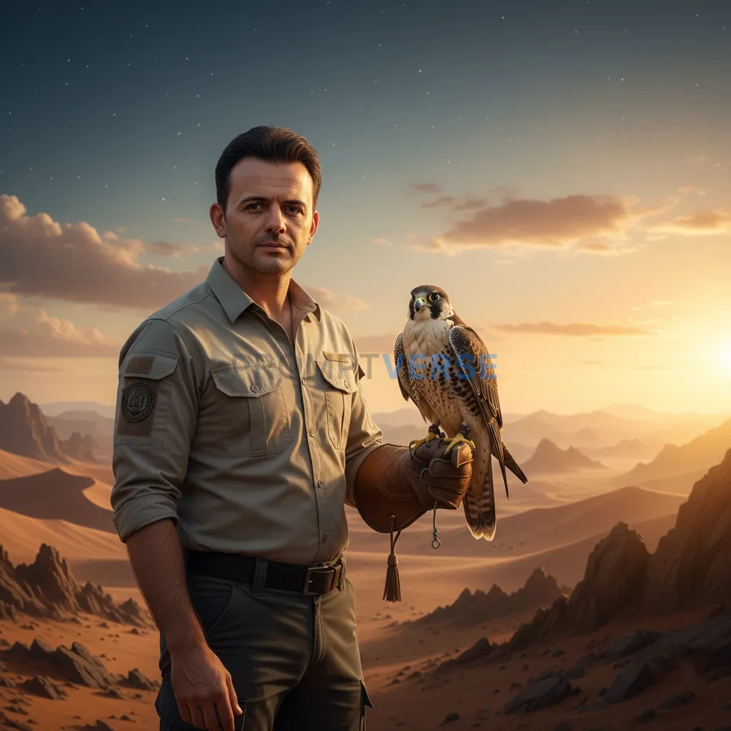 Ultra-detailed portrait of a man with falcon perched on his gloved hand, desert horizon behind. - PromptVerse