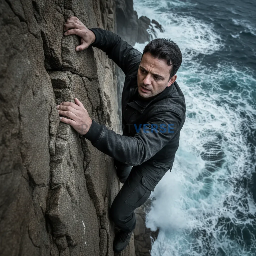 Cinematic action portrait of a man clinging to rocky cliff edge, roaring ocean below. - PromptVerse