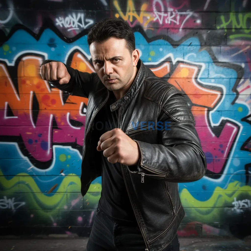 Ultra-detailed portrait of a man in leather jacket throwing a punch, colorful graffiti wall blurred behind." - PromptVerse