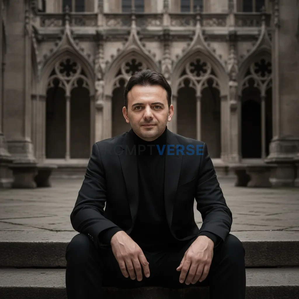 Ultra-detailed editorial portrait, man sitting on steps in gothic courtyard, dark blazer and turtleneck, background softly des - PromptVerse
