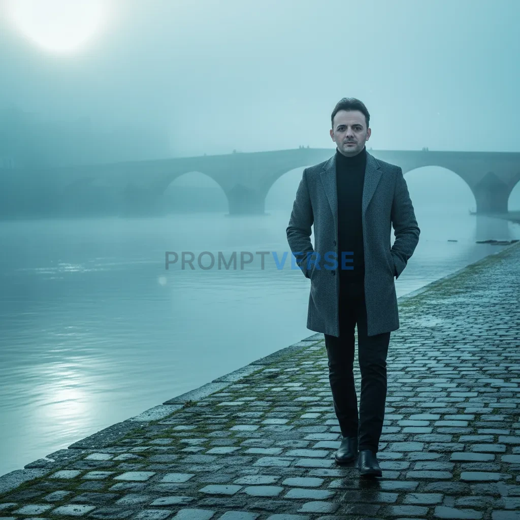 Cinematic fashion portrait of man walking beside an old stone bridge over river, fog rising, subtle cold blue tone atmosphere. - PromptVerse