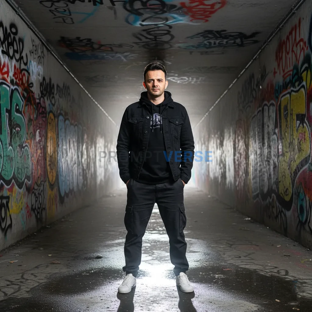 Cinematic editorial shot, man in modern streetwear standing in graffiti-covered underpass, light beams from tunnel opening hig - PromptVerse