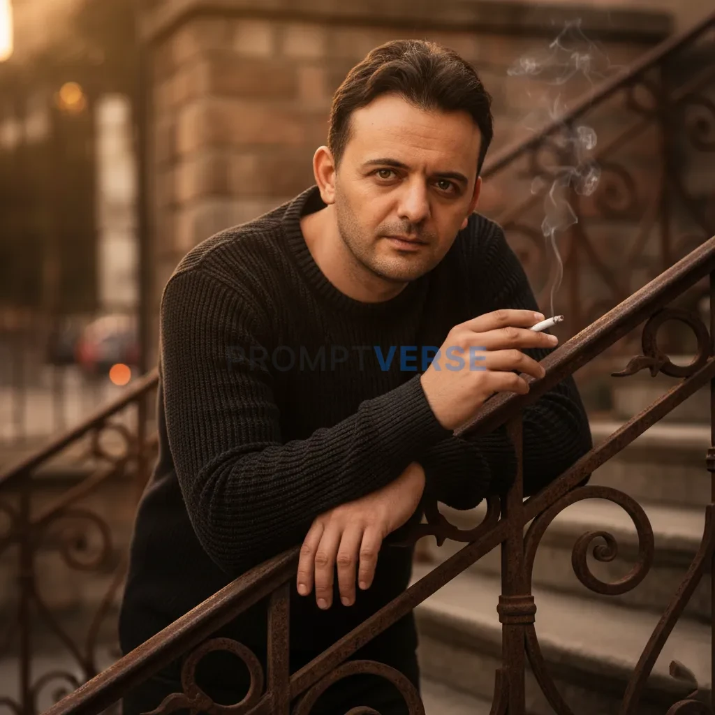 "Ultra-detailed portrait, man leaning on rusted iron railing of an old staircase, cigarette smoke drifting, soft orange dusk l - PromptVerse