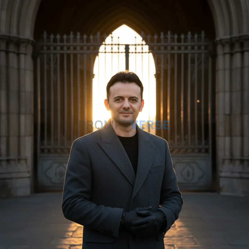 Editorial portrait, man standing in front of old cathedral gates, wearing tailored coat and gloves, low golden sunlight behind - PromptVerse