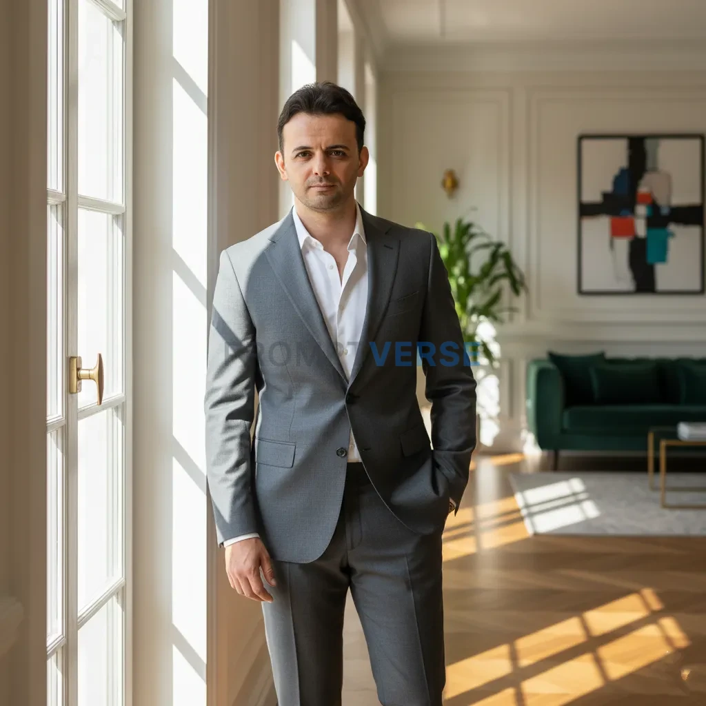 Fashion model in grey suit with white shirt, luxury interior, natural sunlight. - PromptVerse