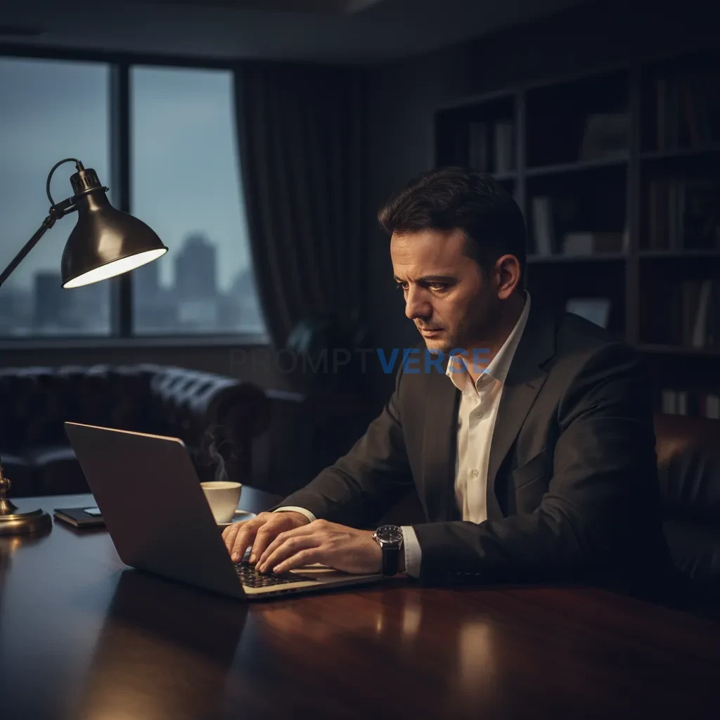 Businessman sitting at a wooden desk with laptop, focused expression, moody office atmosphere. - PromptVerse