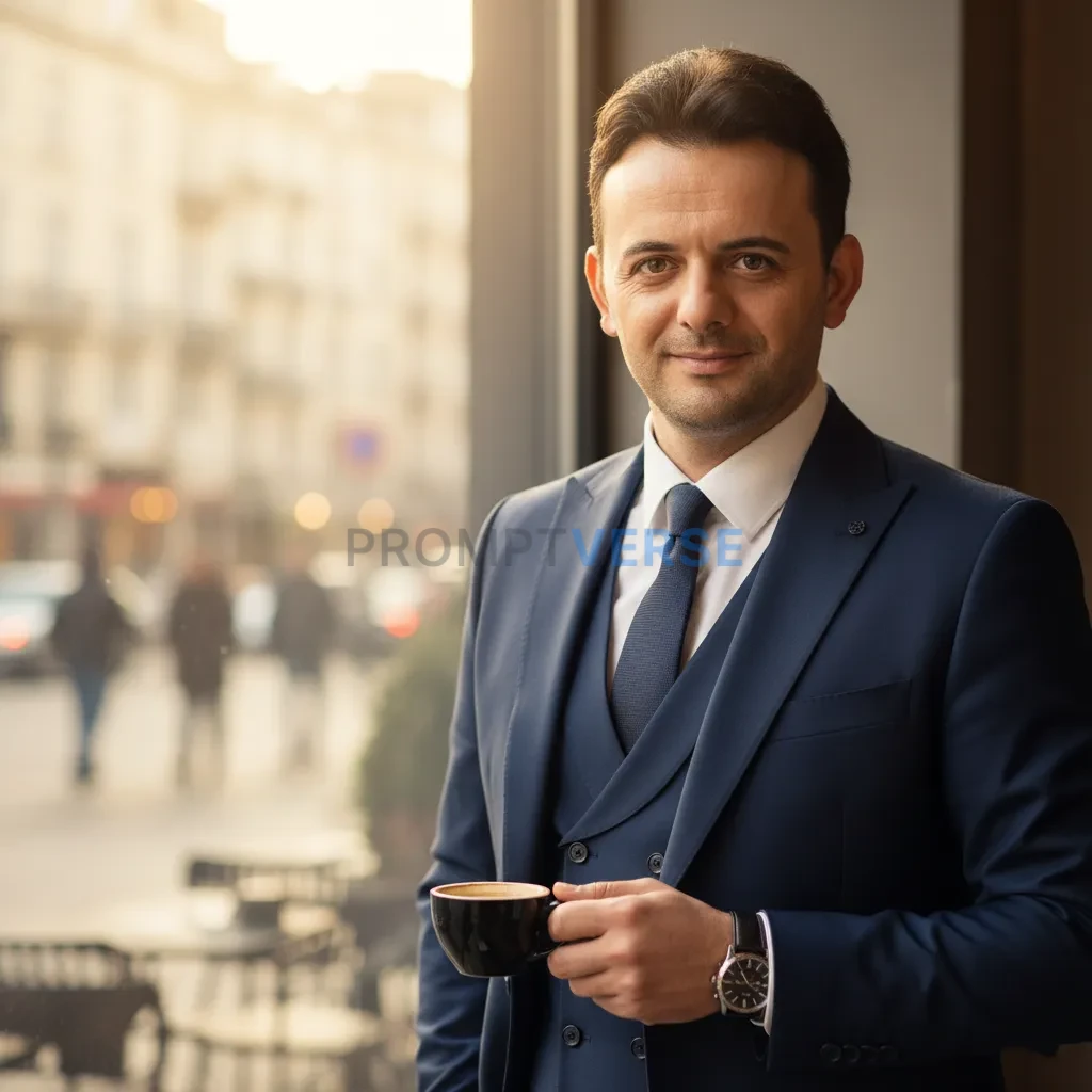 Portrait of a man in formal attire holding a coffee cup, shallow depth of field, morning city light. - PromptVerse