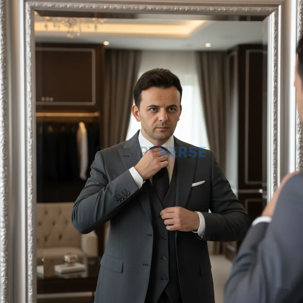 Stylish man adjusting his tie in front of a mirror, soft indoor lighting, high-end fashion look. - PromptVerse