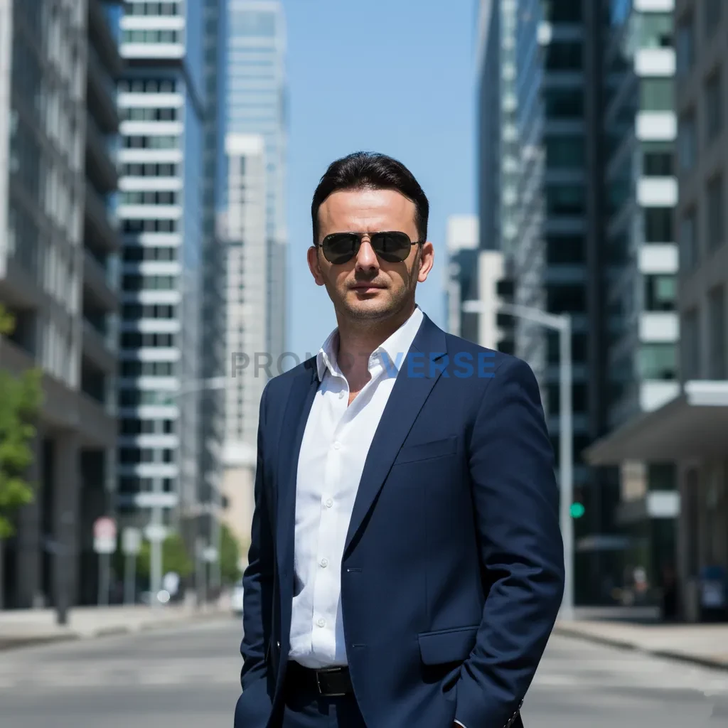 Handsome businessman wearing a navy blazer and sunglasses, urban skyscraper background, daylight tone. - PromptVerse