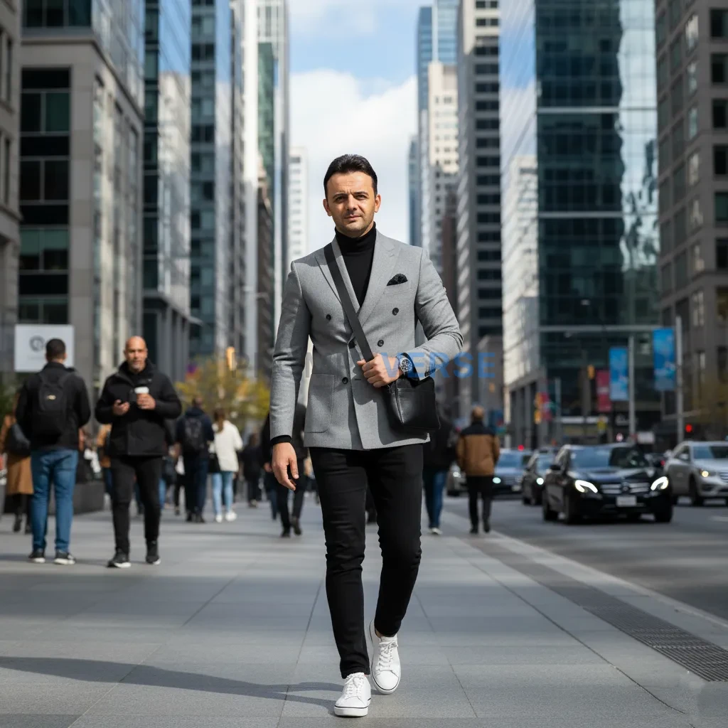 “Fashion influencer style man walking confidently in front of skyscrapers, modern city fashion look, high detail.” - PromptVerse