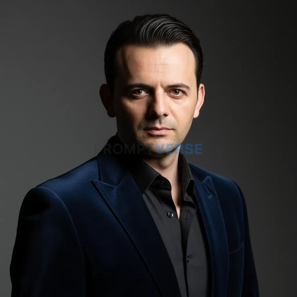 Here's a close-up editorial portrait of a man in a tailored velvet suit, with a spotlight glow and a fashion magazine aestheti - PromptVerse