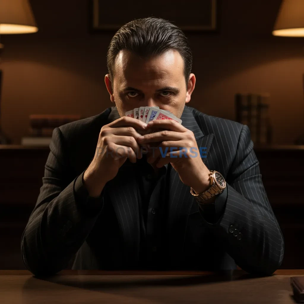Here's a high-quality close-up portrait of a mafia boss holding playing cards, with dim lamp spotlighting for cinematic tensio - PromptVerse