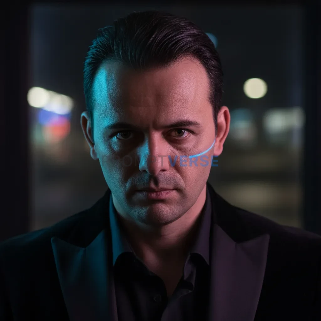 Here's an ultra-detailed headshot of a mafia boss with a piercing stare, featuring a faint neon reflection and a powerful cine - PromptVerse