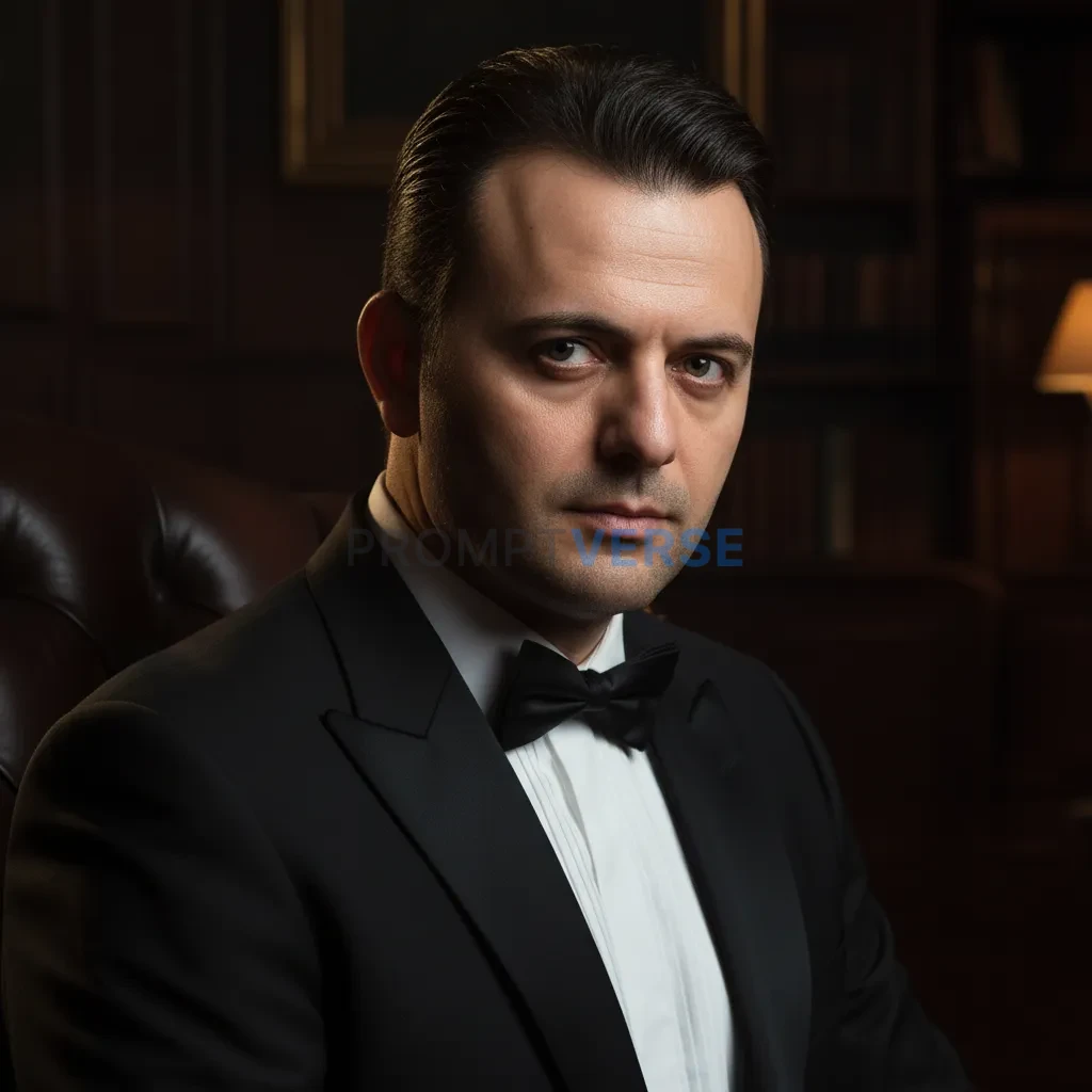 Here's a close-up cinematic portrait of a mafia boss in a tuxedo, with Rembrandt lighting creating deep shadows. - PromptVerse