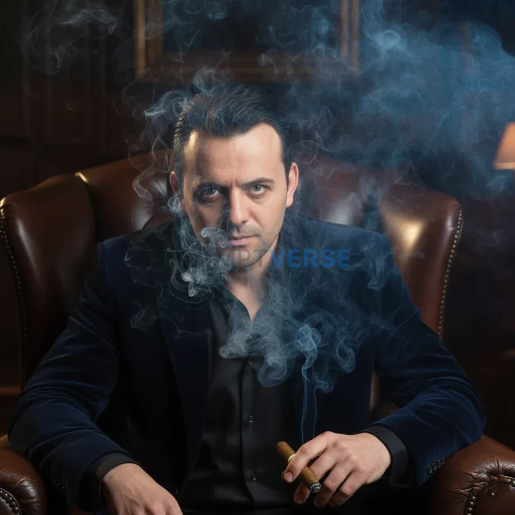 Here's an editorial headshot of a mafia boss leaning forward in a leather chair, with dramatic cigar smoke swirling around his - PromptVerse