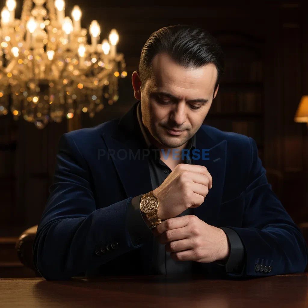 Here's that cinematic close-up of a mafia boss adjusting his cufflinks, with a blurred chandelier in the background. - PromptVerse