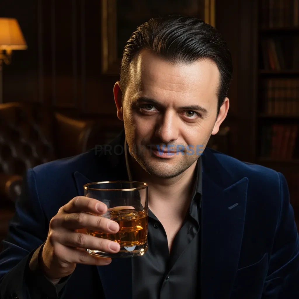 Here's a close-up portrait of a mafia boss in a velvet suit, with a golden-rimmed whiskey glass and warm lighting. - PromptVerse