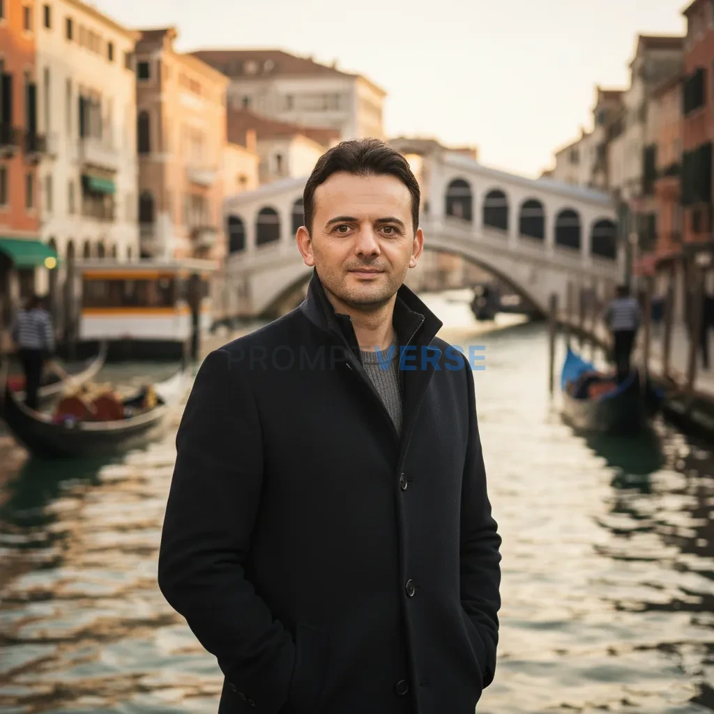 Editorial portrait, man standing by the canals of Venice in tailored coat, gondolas blurred behind, romantic cinematic glow. - PromptVerse