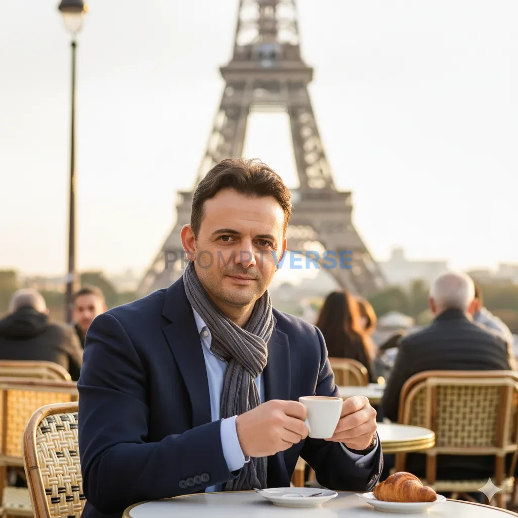 Editorial portrait, man sitting at a street café in Paris, Eiffel Tower blurred in background, coffee cup in hand, chic Europe - PromptVerse