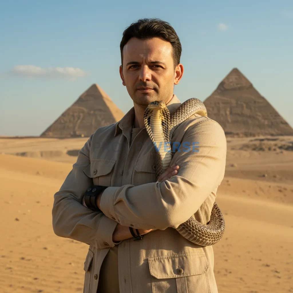 Editorial portrait of a man in Egypt, standing confidently with arms crossed, cobra snake wrapped around his arm, pyramids in  - PromptVerse