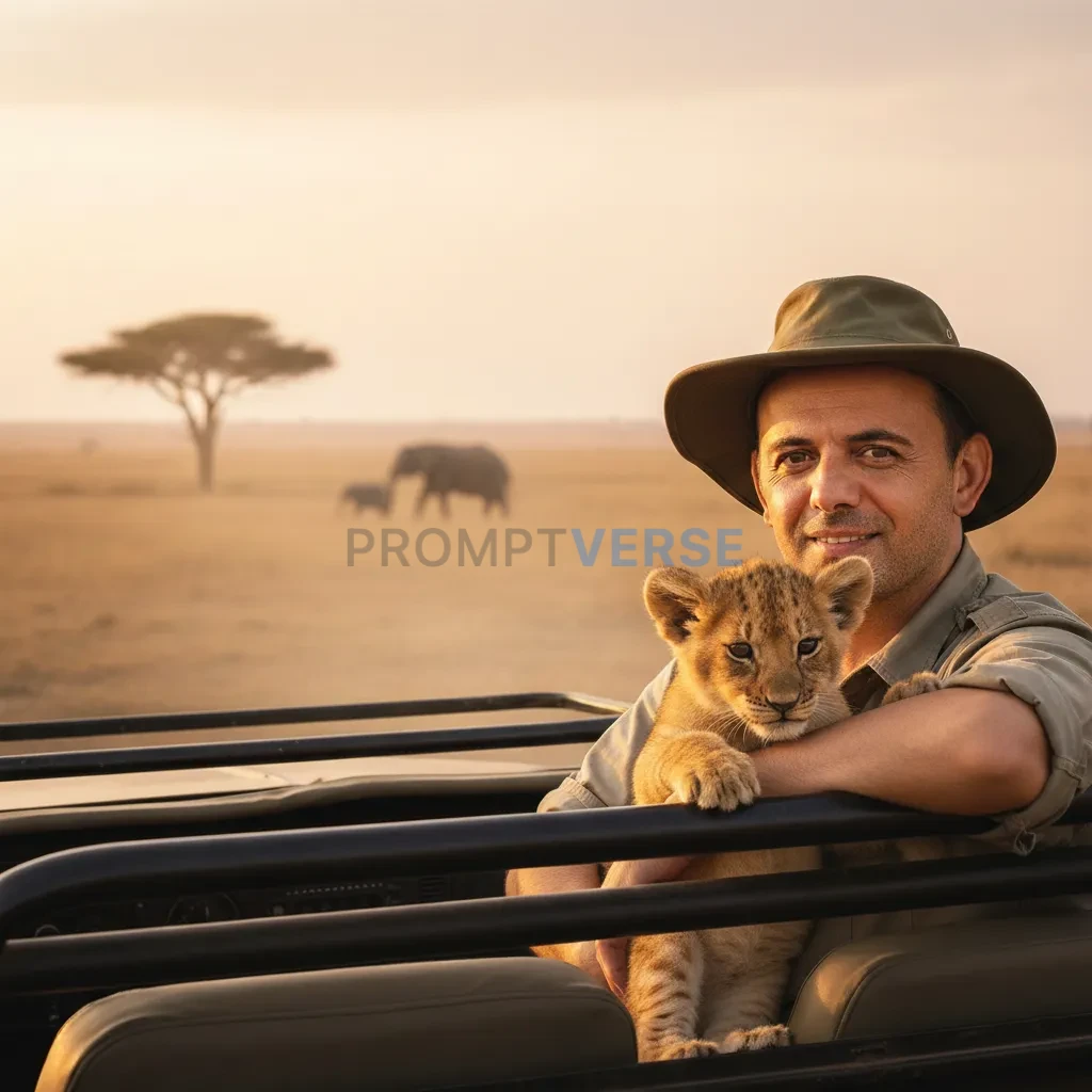 Cinematic close-up, man gently holding a small lion cub in his arms, warm sunlight illuminating both faces, safari landscape b - PromptVerse