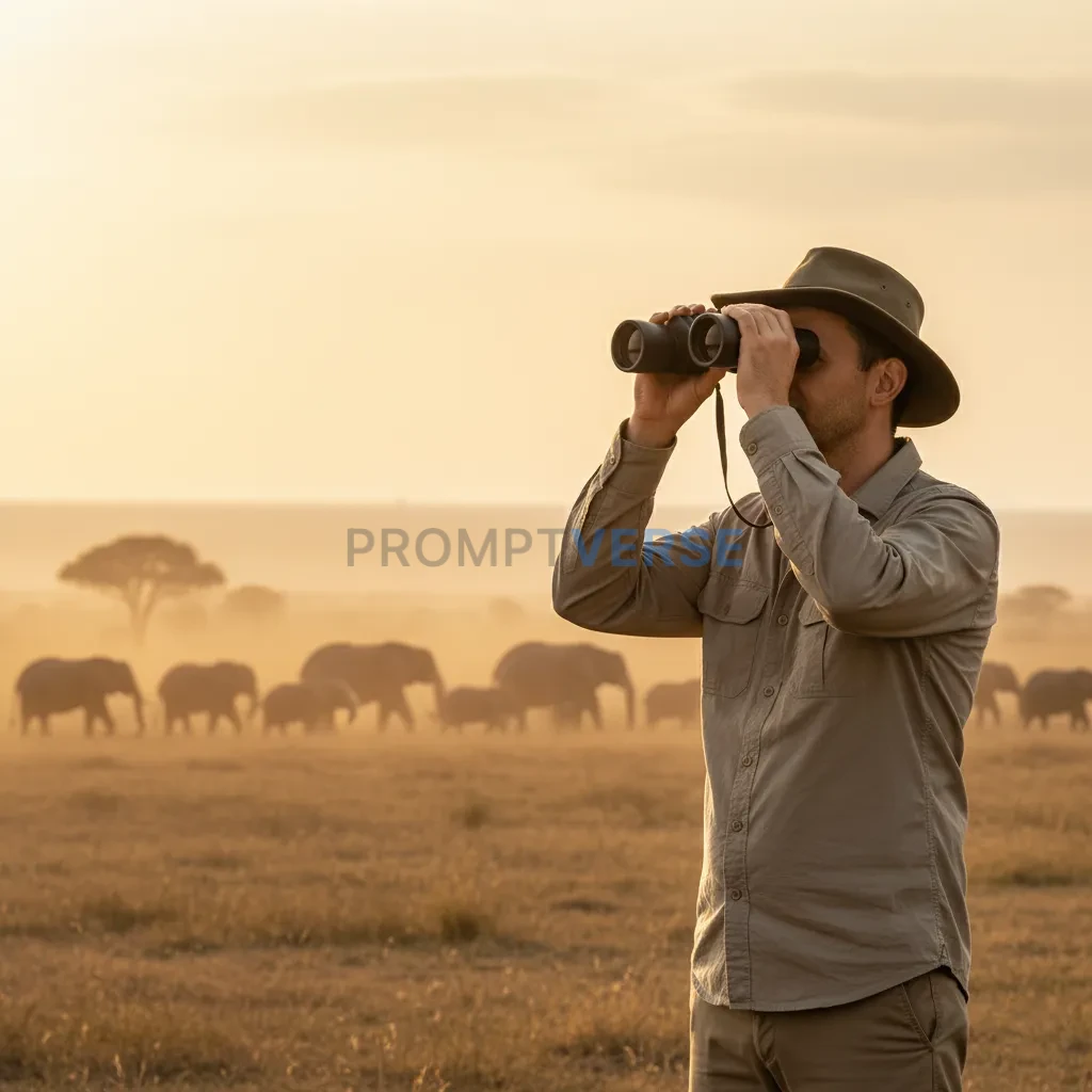 Ultra-detailed portrait, man standing calmly in the savannah, holding binoculars, herd of elephants in the distance, natural c - PromptVerse