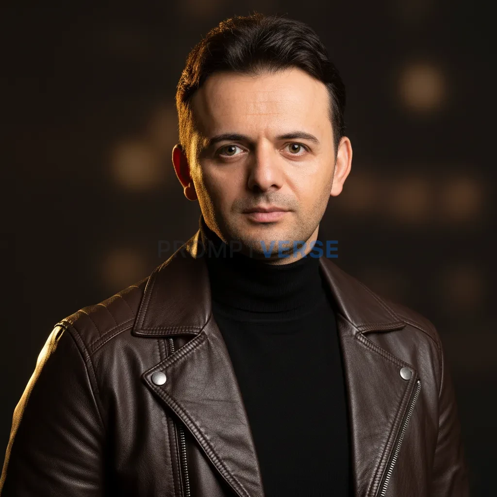 Close cinematic headshot, man in a sleek leather jacket over a turtleneck, soft warm backlight highlighting hair, editorial fa - PromptVerse