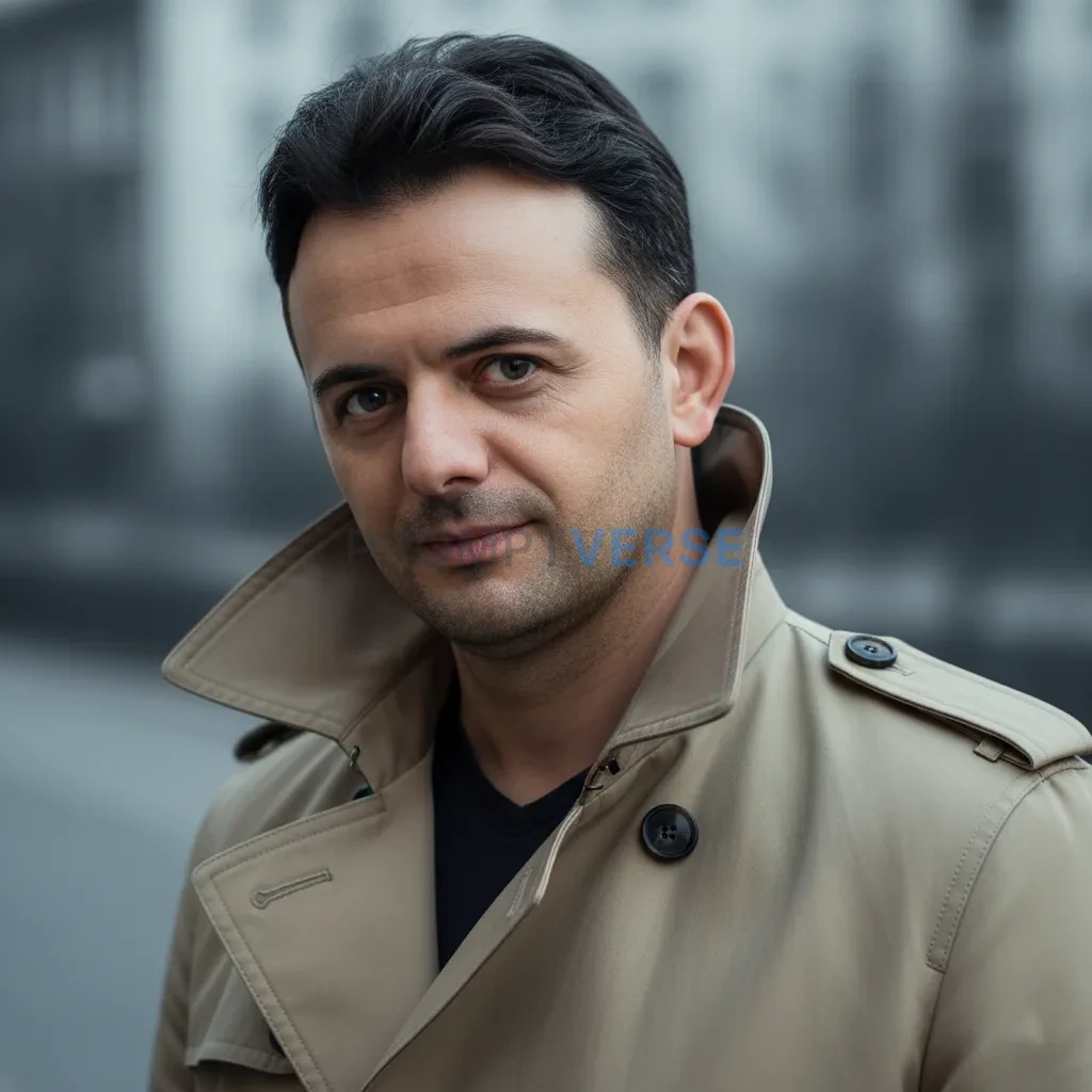 High-quality portrait of a man in a tailored beige trench coat with popped collar, moody desaturated background, cinematic ton - PromptVerse