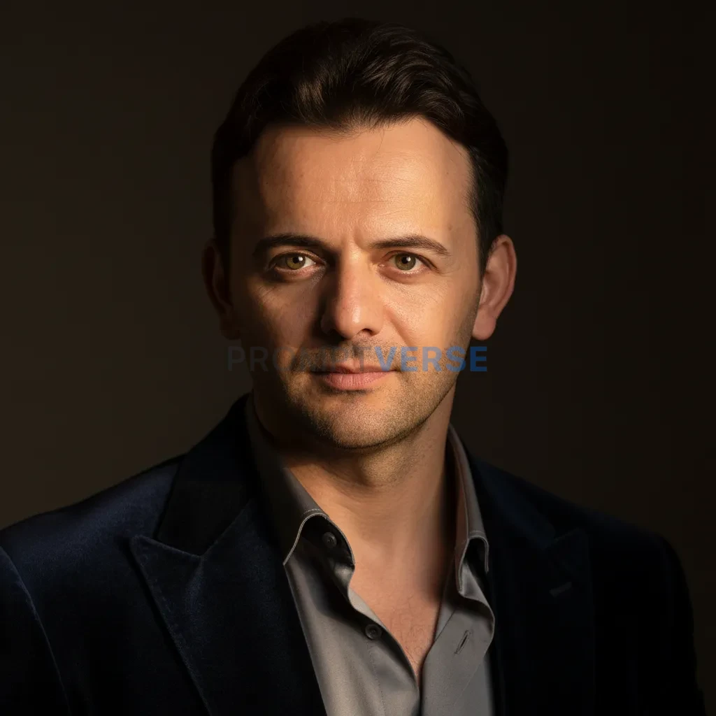 Cinematic close portrait of a stylish man in a velvet blazer, open collar silk shirt, dramatic Rembrandt lighting emphasizing  - PromptVerse