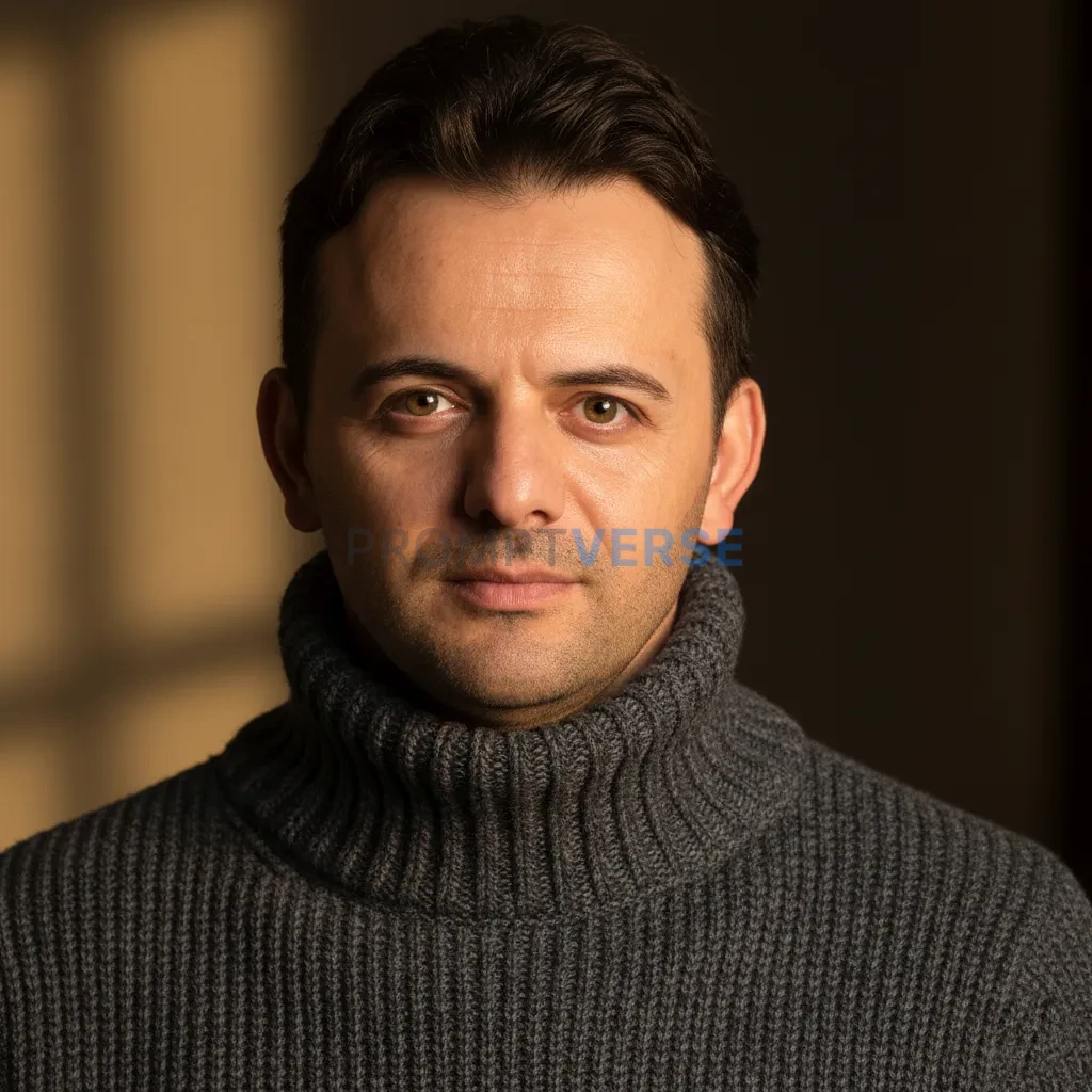 Ultra-detailed cinematic close-up portrait of a man wearing a textured charcoal knit sweater with a high collar, soft golden s - PromptVerse