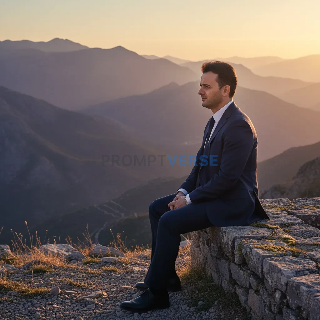 Outdoor portrait, man in a dark suit seated on a stone wall overlooking a vast mountain range, cinematic golden light illumina - PromptVerse