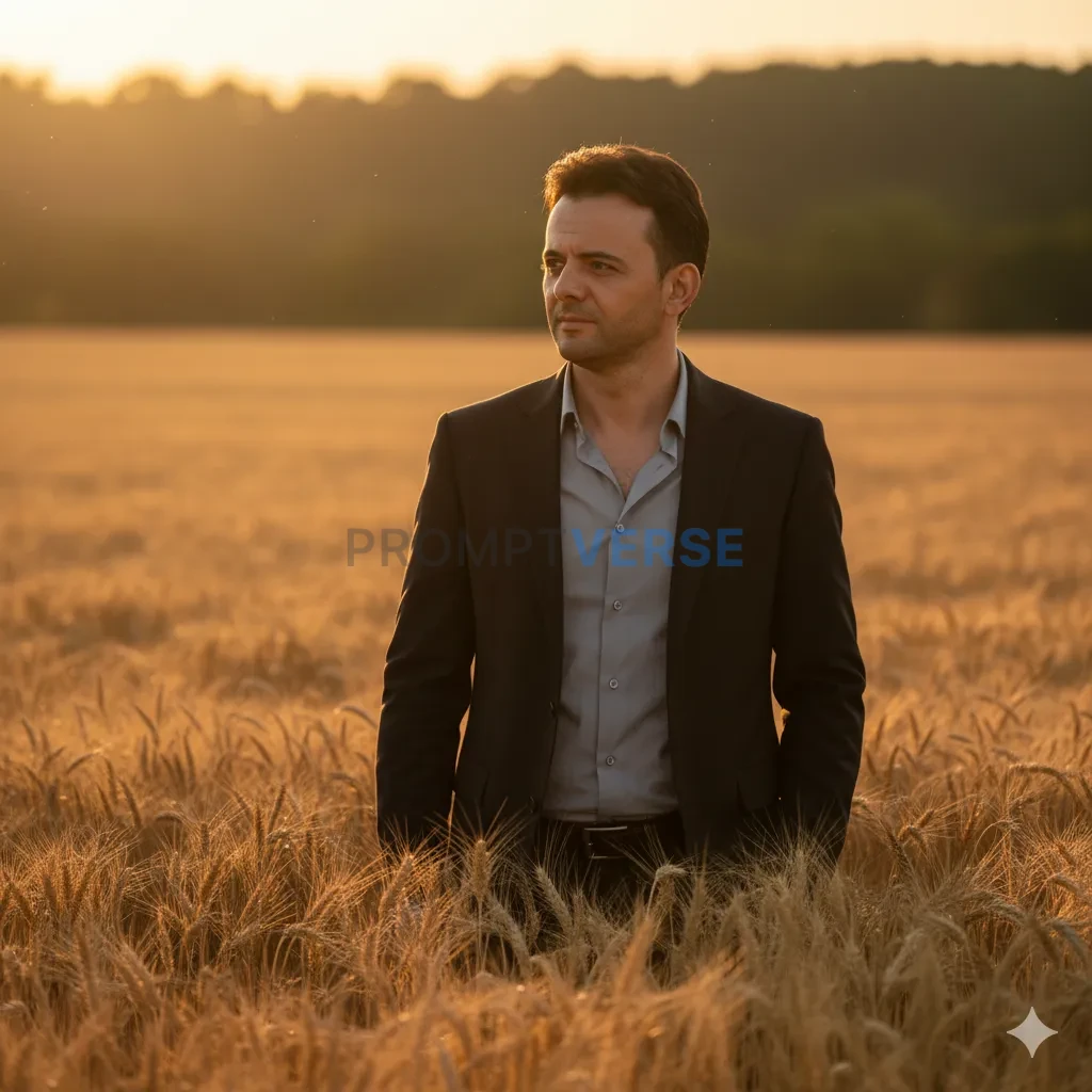 Cinematic golden hour portrait of a man in a dark blazer standing in a wheat field, sunlight creating long dramatic shadows. - PromptVerse