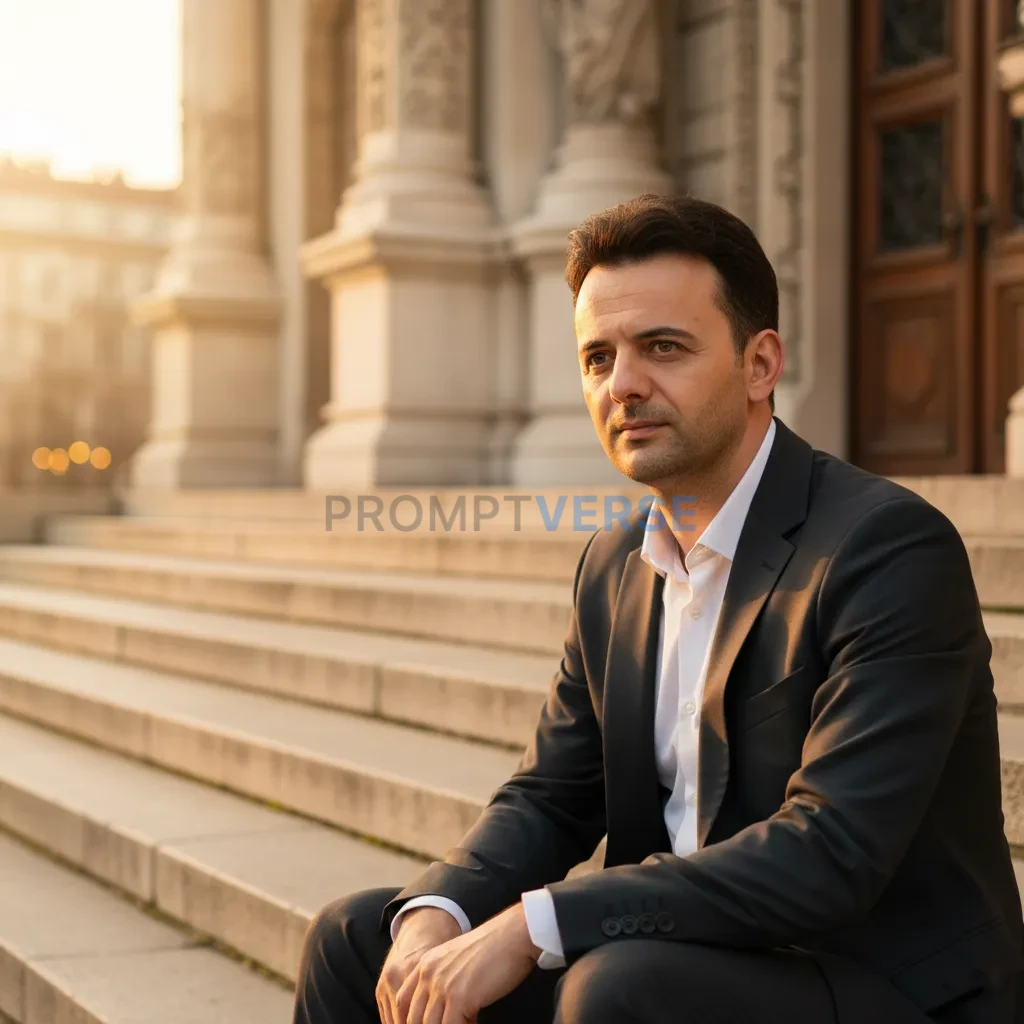 Cinematic portrait, man in an open-collar suit seated on stone steps of a historic building, golden hour light illuminating hi - PromptVerse