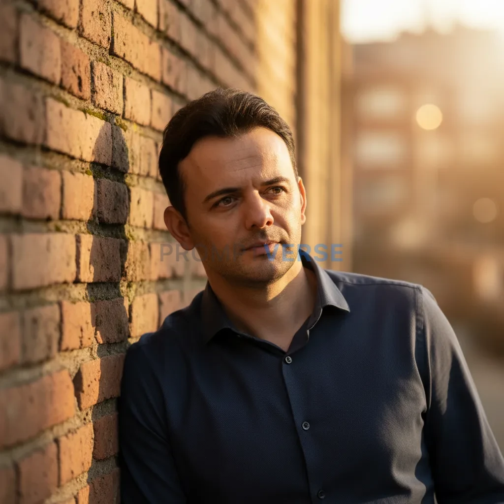 Cinematic portrait of a man leaning against an old brick wall, warm sunlight from the side casting painterly shadows, shallow  - PromptVerse