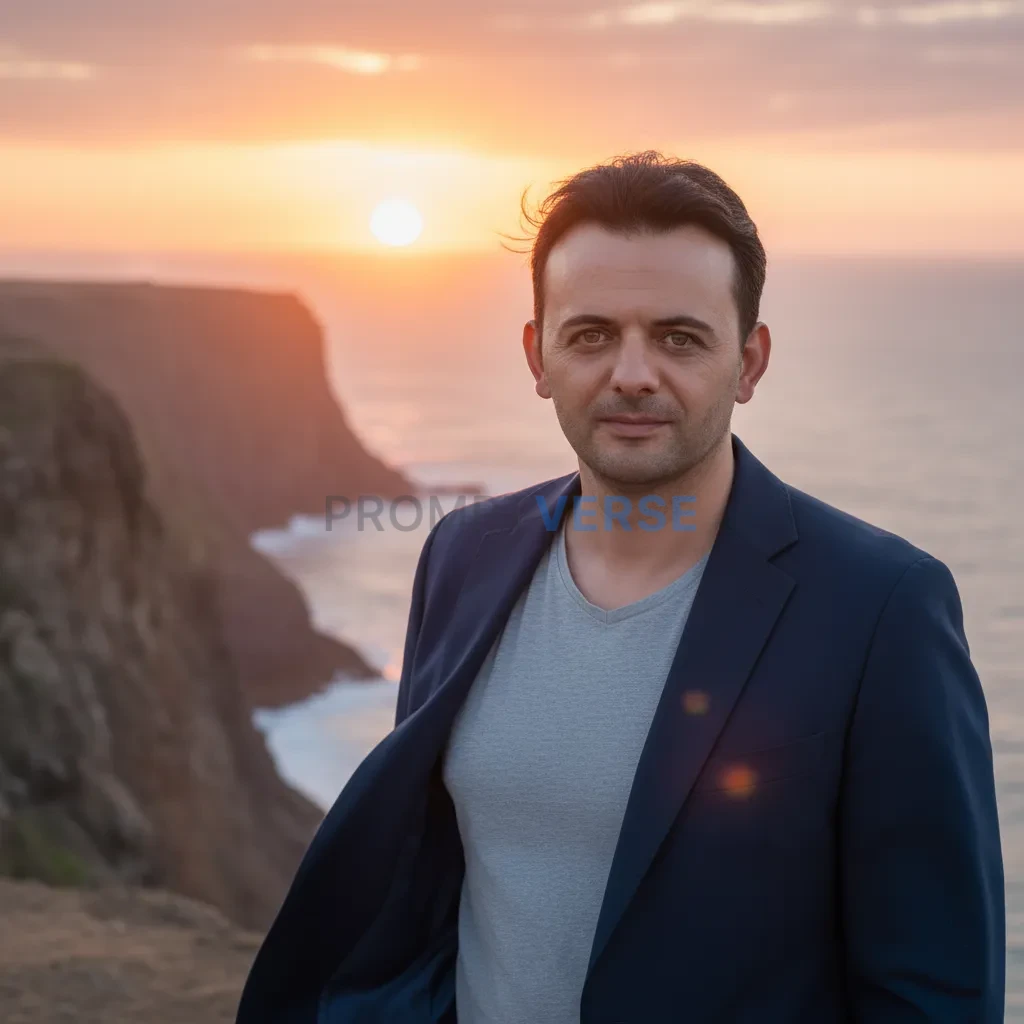 Cinematic portrait, man in a tailored blazer standing near an ocean cliff at sunset, wind catching his jacket, soft cinematic  - PromptVerse
