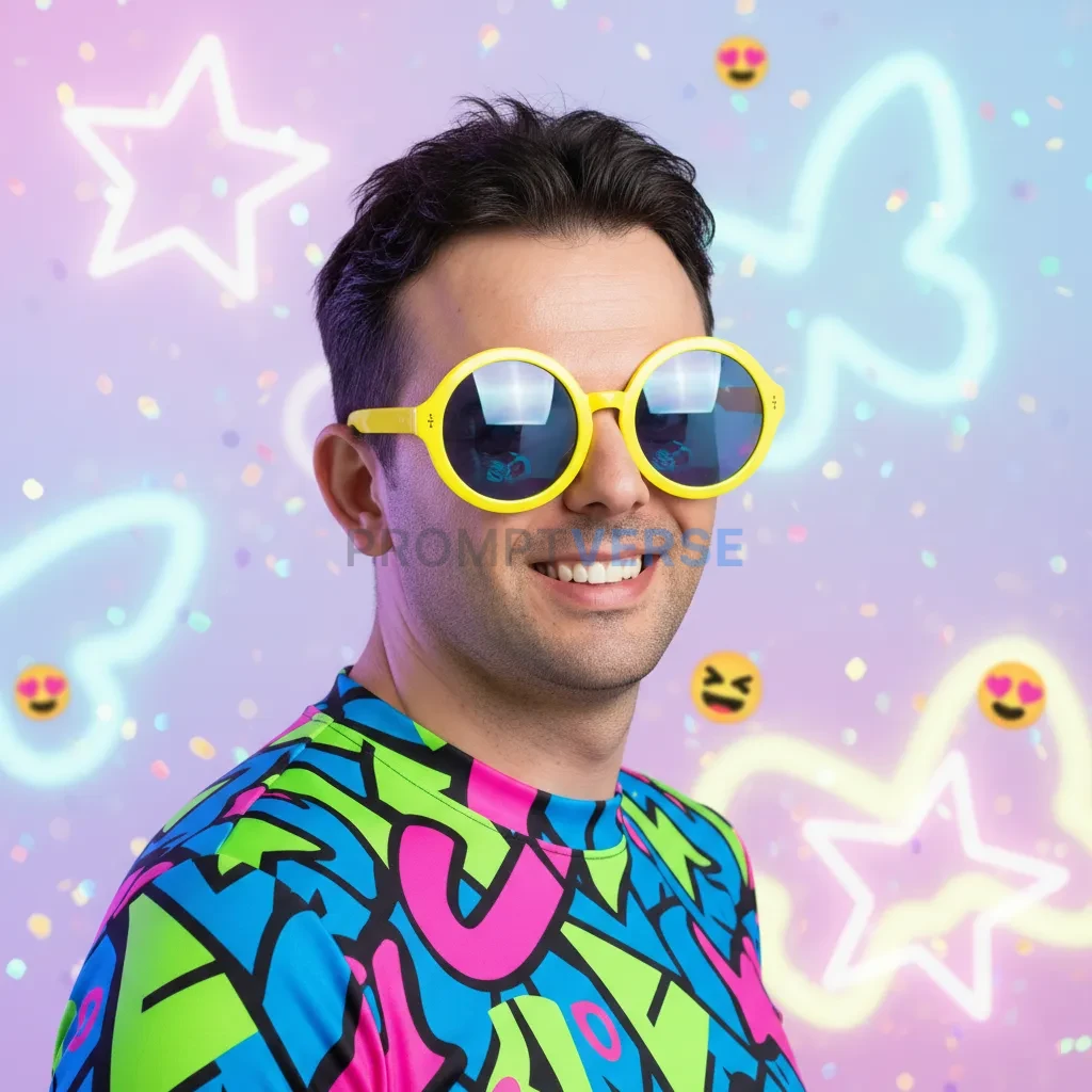 Cinematic portrait, person wearing oversized colorful sunglasses and a funky patterned shirt, playful TikTok aesthetic. - PromptVerse