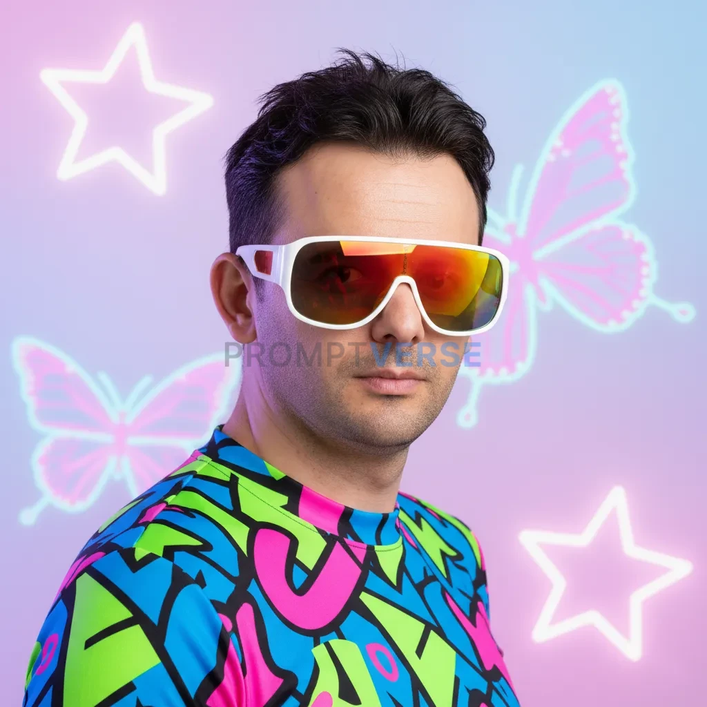 Cinematic portrait, person styled in Y2K aesthetic outfit (colorful top, retro sunglasses), trendy TikTok aesthetic background - PromptVerse