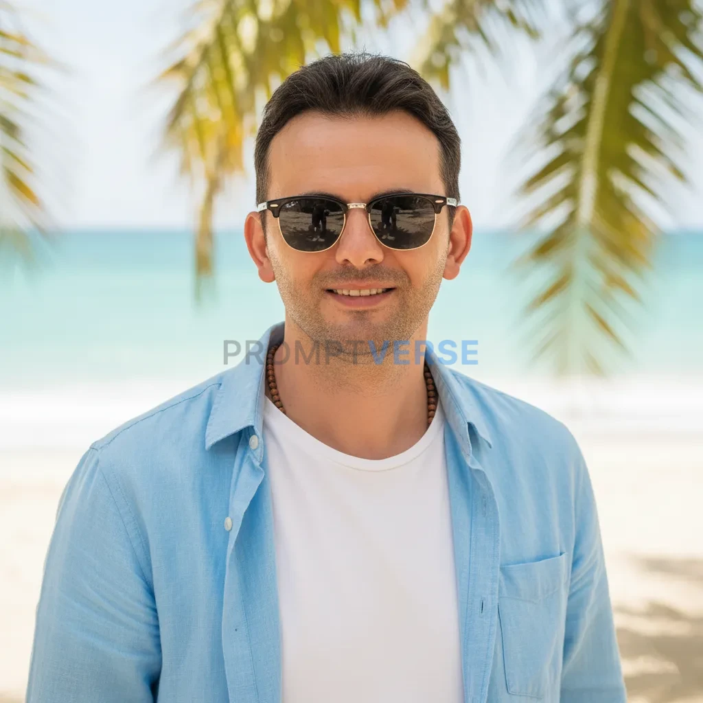 Cinematic portrait, casual summer outfit with sunglasses, beach vibe background, influencer lifestyle photography. - PromptVerse