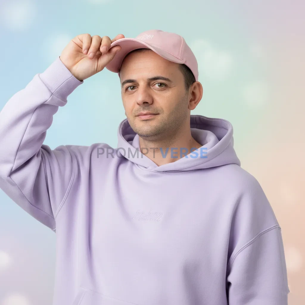 Fashion-forward cinematic portrait, casual oversized hoodie, trendy cap, soft pastel background, TikTok aesthetic. - PromptVerse