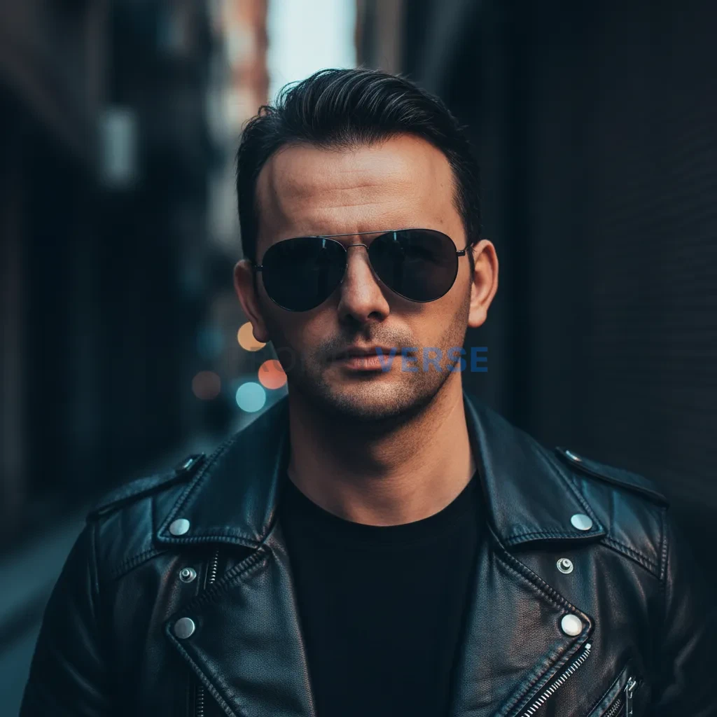 Cinematic portrait of the person, wearing a black leather jacket and aviator sunglasses, modern streetwear style, cinematic li - PromptVerse