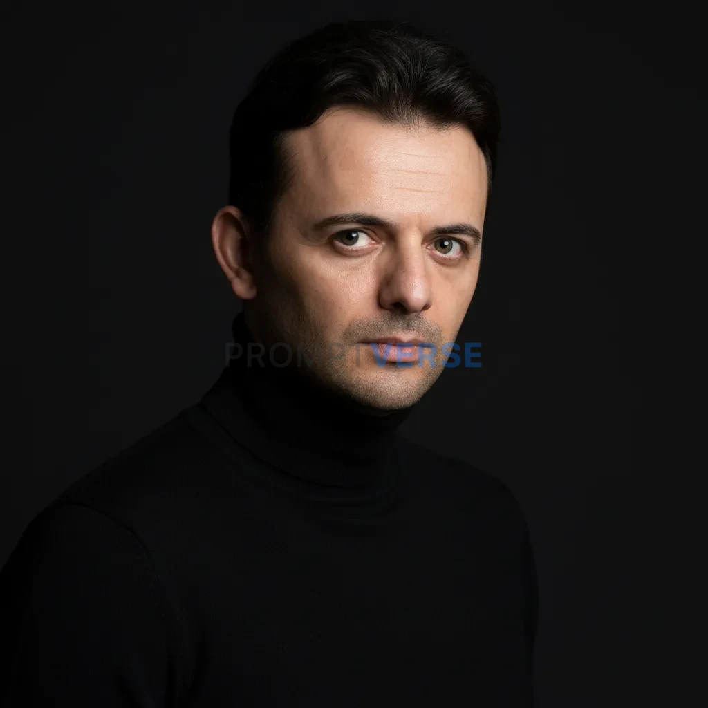 Portrait of man in black turtleneck, moody fashion lighting, ultra-detailed photo. - PromptVerse