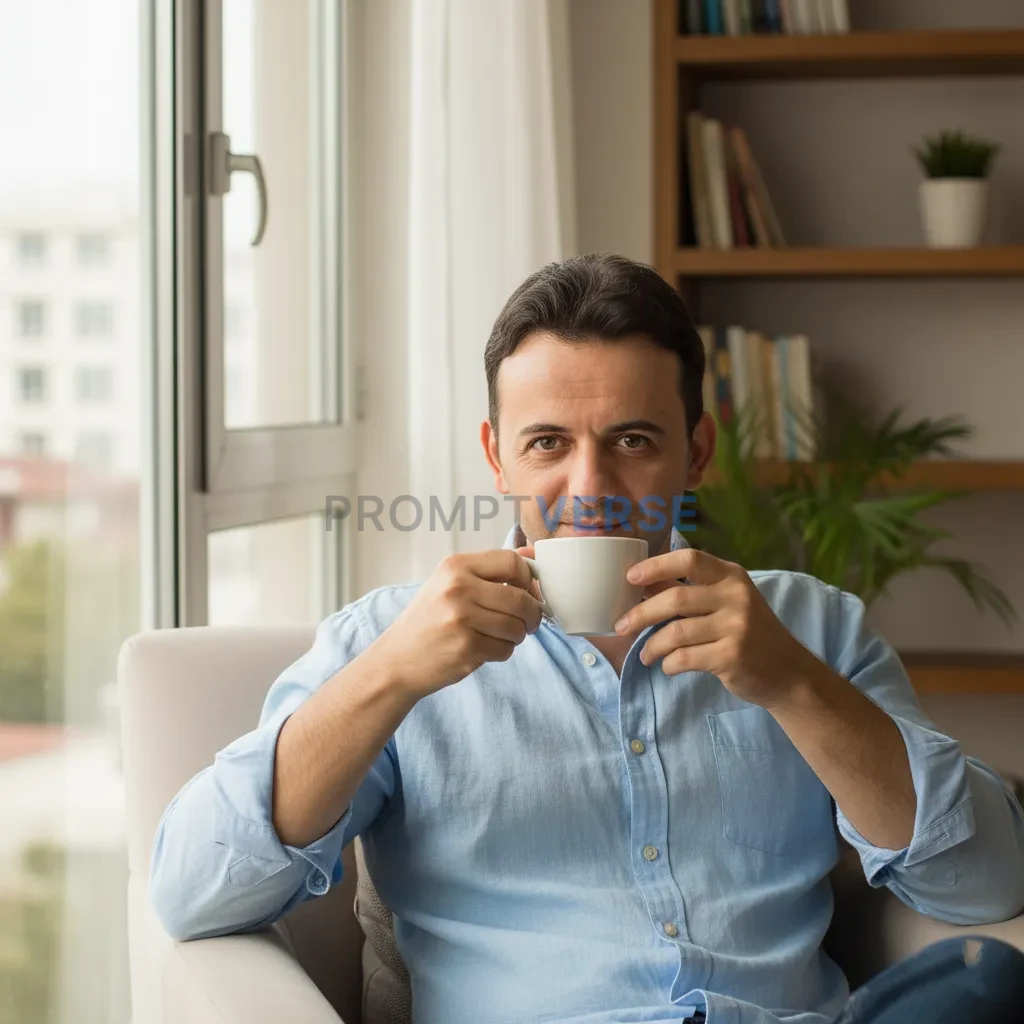 Lifestyle portrait, man in a light linen shirt with rolled sleeves, seated by a window with coffee mug in hand, natural soft d - PromptVerse