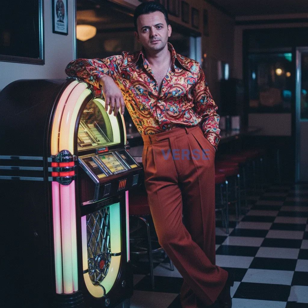 Retro-inspired editorial portrait, man in patterned silk shirt and high-waist trousers, leaning casually against a jukebox, ne - PromptVerse