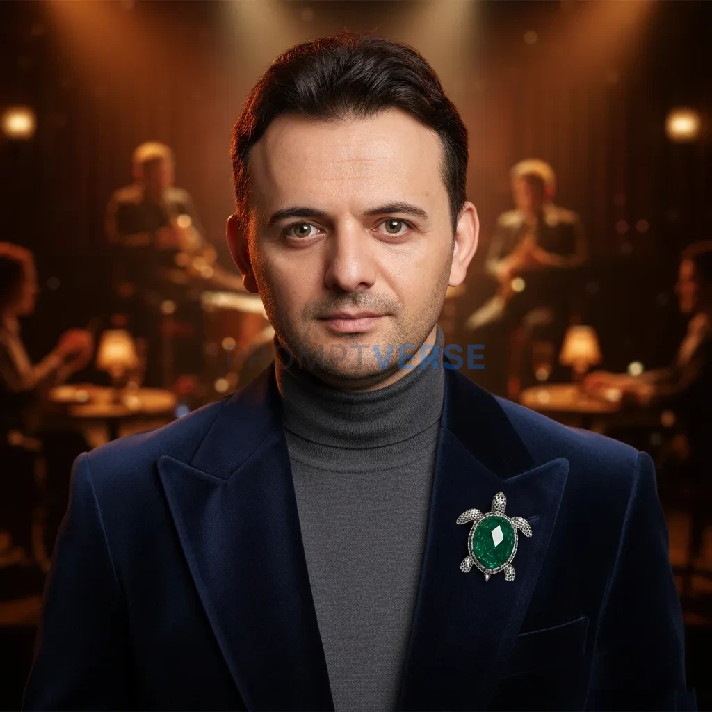 Cinematic headshot, man in a velvet blazer with turtle brooch detail, blurred jazz club scene behind him, stylish statement ae - PromptVerse