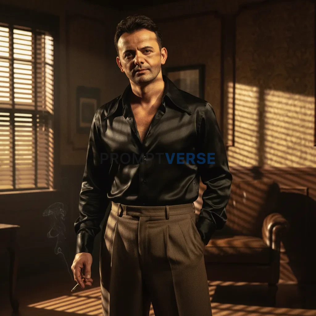 High-quality portrait of a man in silk shirt tucked into wide trousers, cigarette in hand, warm light seeping through blinds,  - PromptVerse