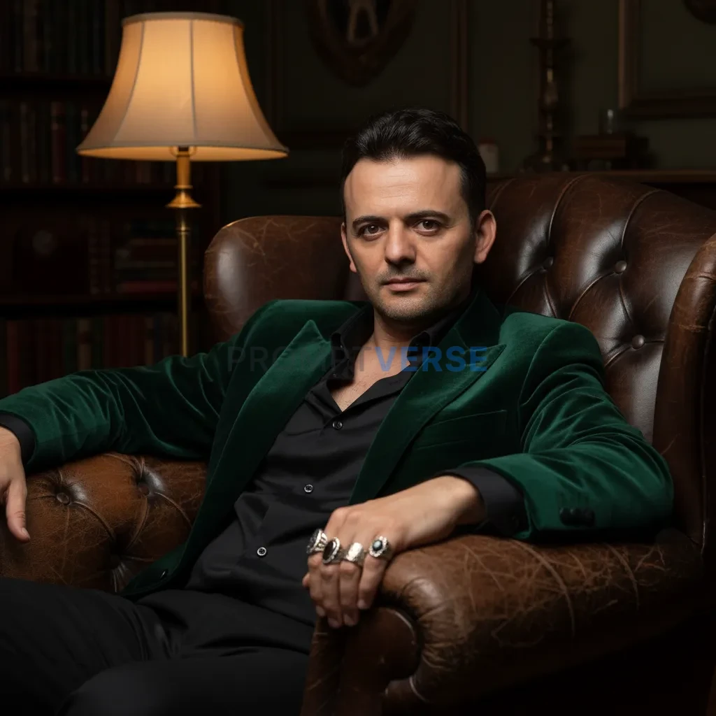 Cinematic close-up, man in velvet jacket with silver rings, leaning back in a leather armchair, dim golden lamp casting painte - PromptVerse