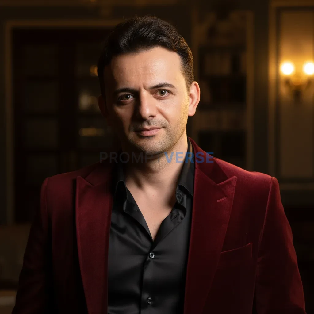 High-quality portrait of a man in a deep red velvet blazer, shirt unbuttoned slightly, golden side light emphasizing rich text - PromptVerse