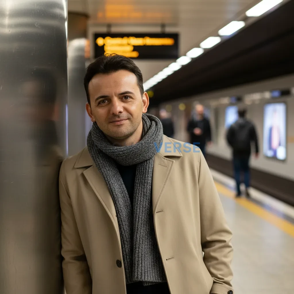 Candid portrait, man in a cropped trench coat, scarf loosely draped, leaning casually against a metro column, warm light spill - PromptVerse