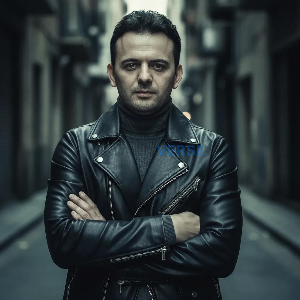 High-quality editorial portrait, man in a fitted biker jacket layered with turtleneck, cool desaturated tones, cinematic moody - PromptVerse